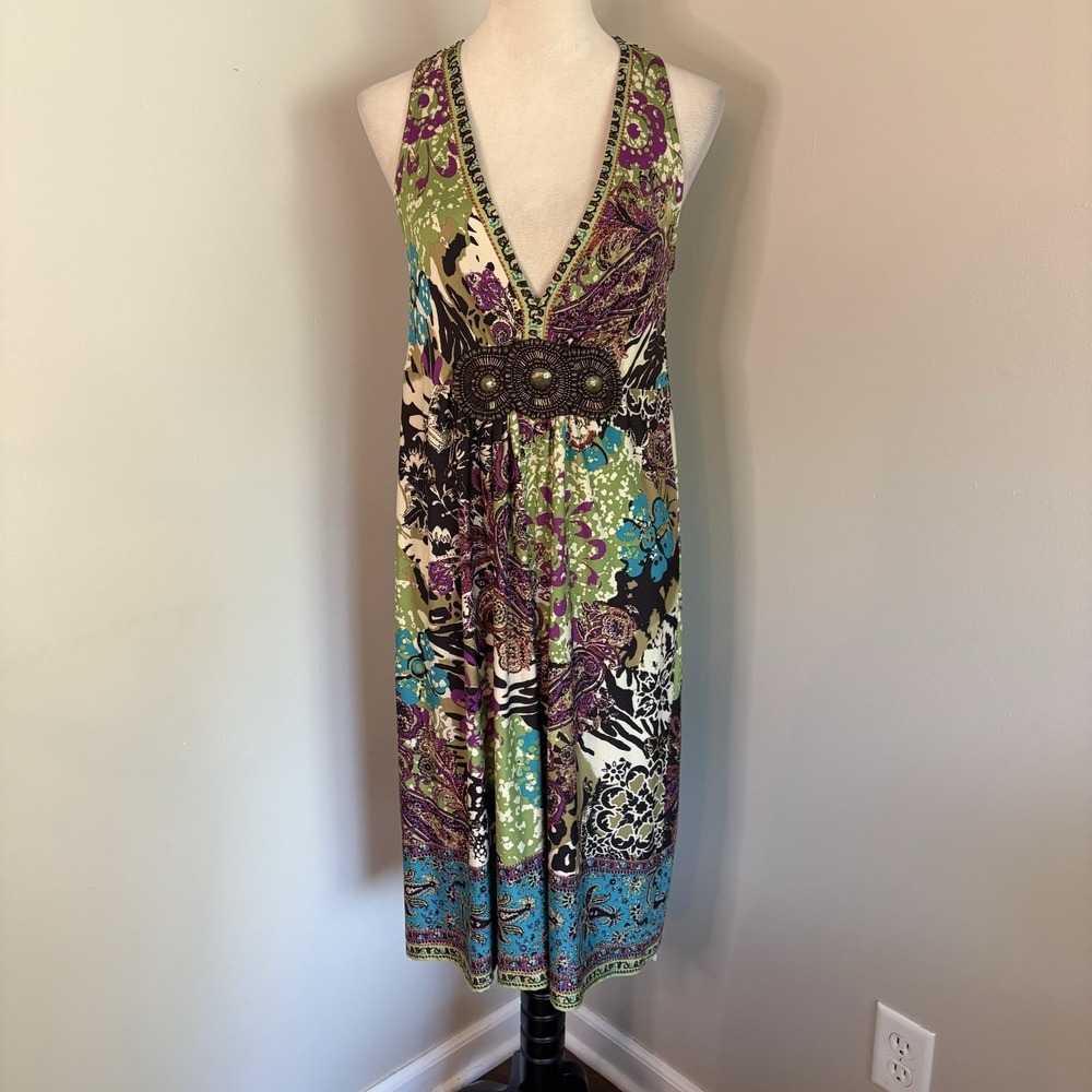 VTG Y2K ICE Beaded Paisley Midi Dress Sz M Whimsigoth Boho Festival Empire Waist